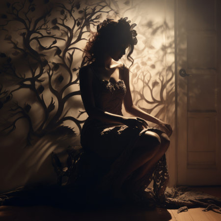 a woman sitting in a dress.の素材