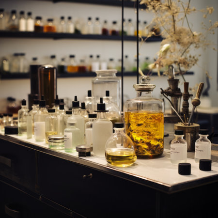 a group of bottles on a table.の素材