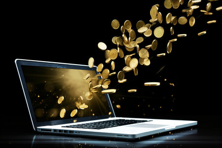 a laptop with gold coins falling out of it.の素材