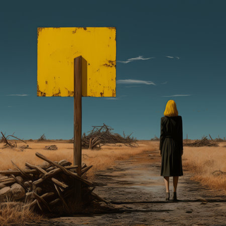 a woman standing on a dirt road with a yellow sign.の素材