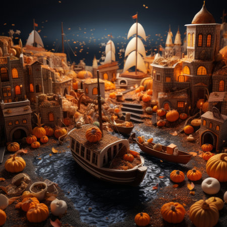 a small town with boats and pumpkins.の素材