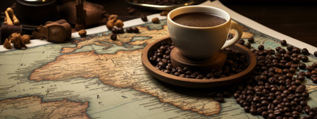 a cup of coffee on a saucer with coffee beans on a map.の素材