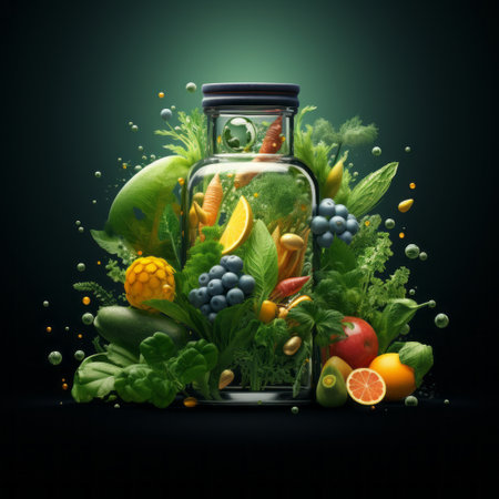 a glass jar filled with fruits and vegetables.の素材