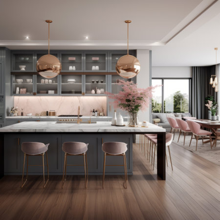 a kitchen with a dining table and chairs.の素材