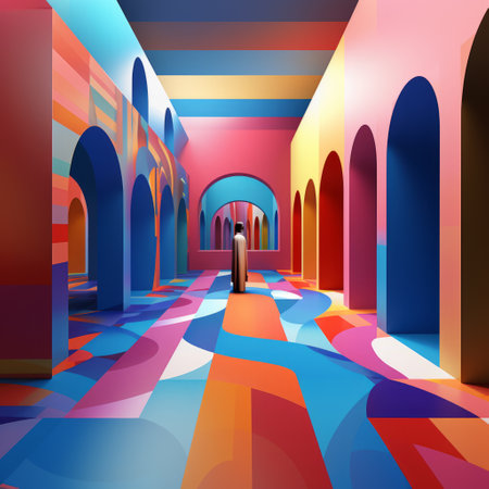 a person standing in a colorful hallway.の素材