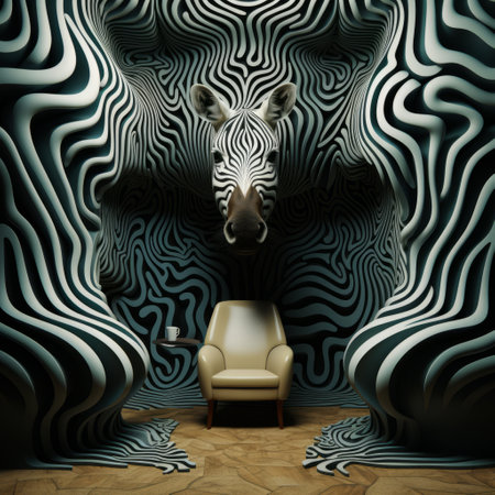 a zebra head in a room with a chair and a table.の素材