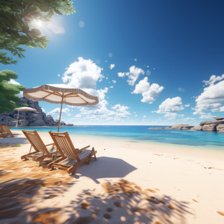 chairs and umbrellas on a beach.の素材