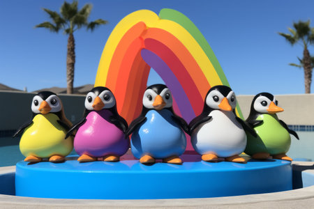 a group of penguins on a blue platform.の素材