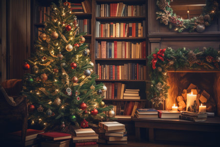 a christmas tree with lights and books in a library.の素材