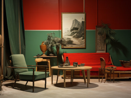 a room with a red and green wall and a couch and a painting on the wall.の素材