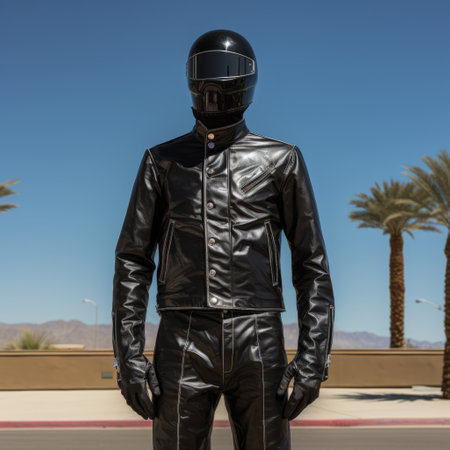 a person wearing a black leather suit and helmet.の素材