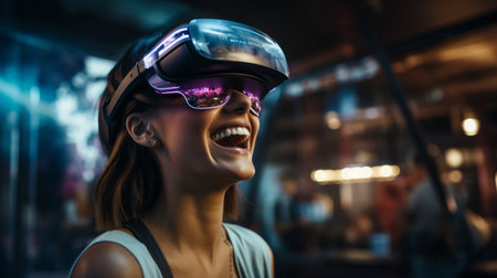 a woman wearing virtual reality goggles.の素材