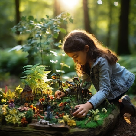 a girl playing with a toy forest.の素材
