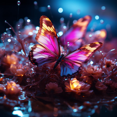 a butterfly on flowers with lights.の素材