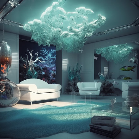 a room with a white couch and a blue rug.の素材