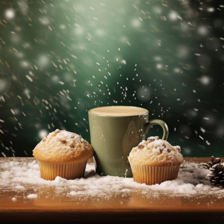 coffee and egg muffin snow falling.の素材