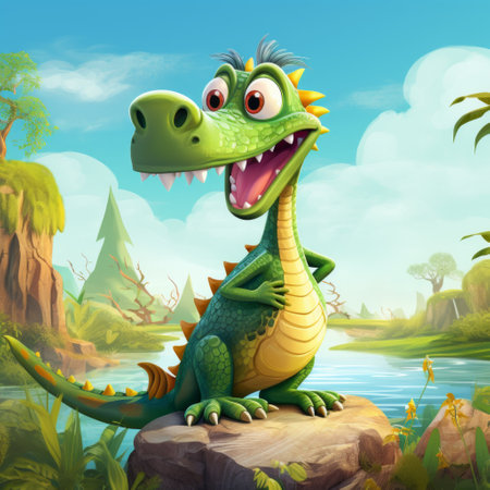 a cartoon dragon standing on a rock.の素材