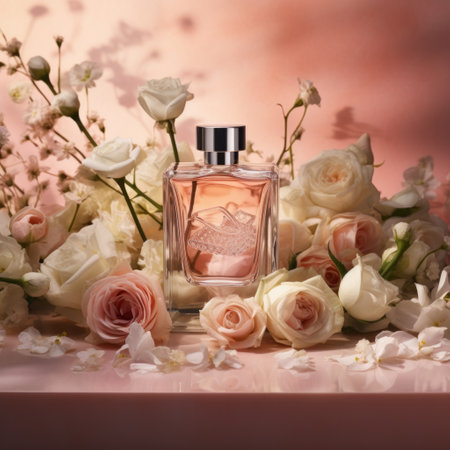 a bottle of perfume surrounded by flowers.の素材