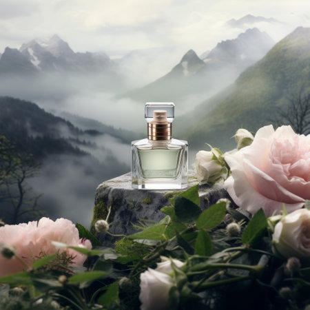 a bottle of perfume on a rock surrounded by flowers.の素材
