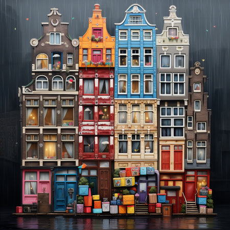a group of multicolored buildings with boxes on the side.の素材