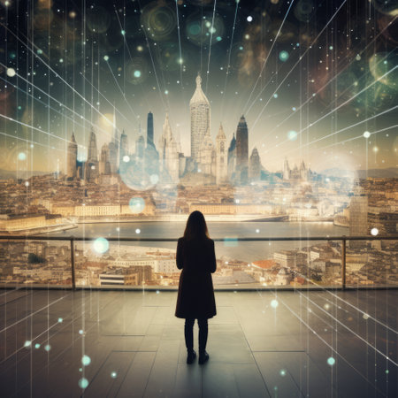 a woman standing in front of a window looking at a city.の素材