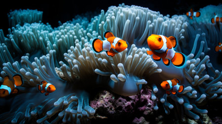 a group of orange and white fish swimming around anemone.の素材