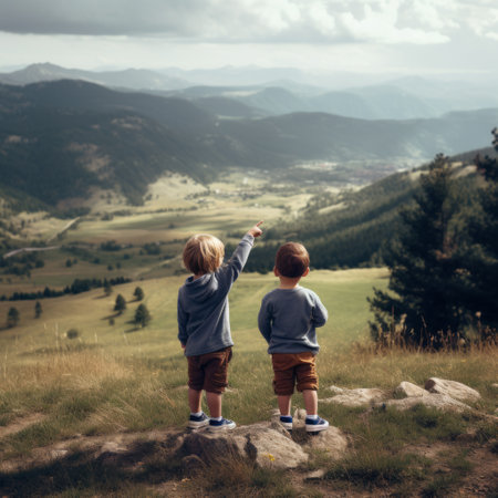 two young boys standing on a hill looking at a valley.の素材