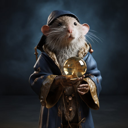 a mouse wearing a robe holding a gold ball.の素材