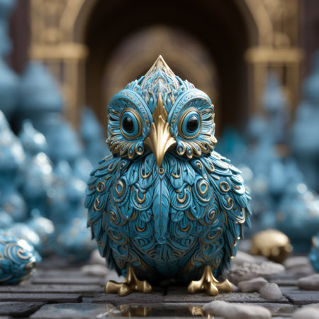 a blue and gold owl statue.の素材