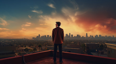 a man standing on a rooftop overlooking a city.の素材