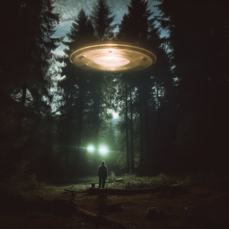 a man standing in the woods with a ufo above him.の素材