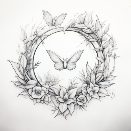 a drawing of a butterfly and flowers.の素材
