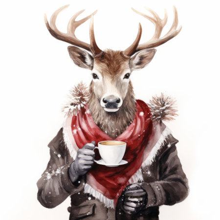 a watercolor of a deer holding a cup of coffee.の素材