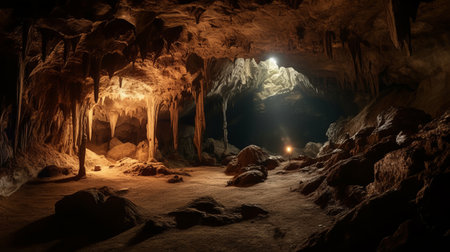 a cave with stalactites and stalagmites.の素材
