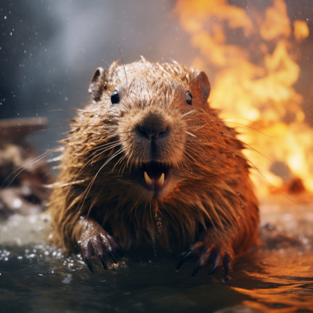 a beaver in water with fire behind it.の素材