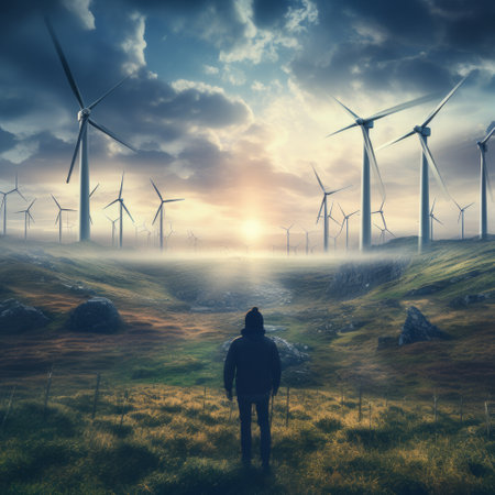 a person standing in a field with windmills.の素材