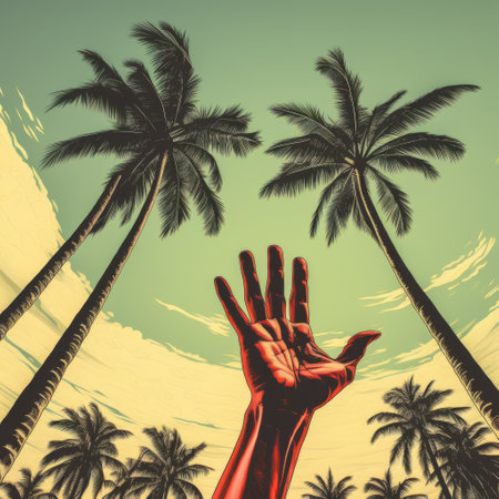 a palm tree and hand.の素材