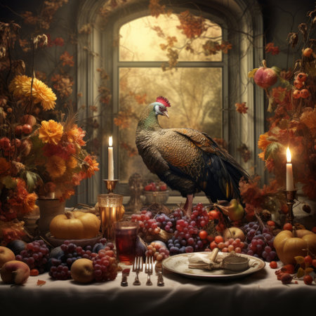 a turkey on a table with fruits and candles.の素材