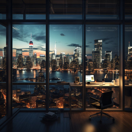 a room with a view of a city and a river.の素材