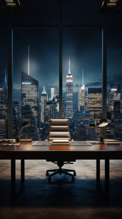 a desk with a chair and a lamp in front of a city skyline.の素材