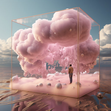 a man standing in a glass box with pink clouds in the sky.の素材