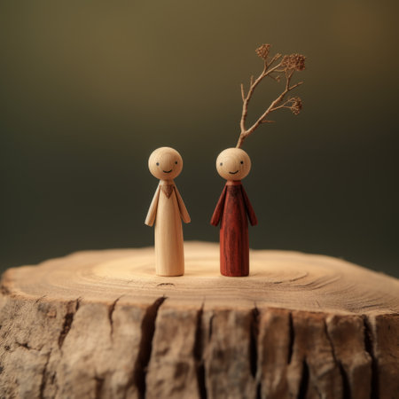 a couple of wooden pegs on a tree stump.の素材