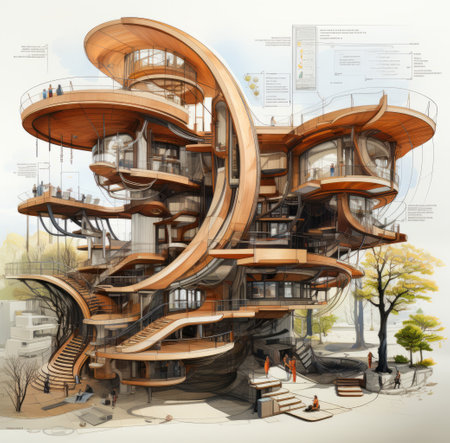 a building with many stairs and a tree.の素材