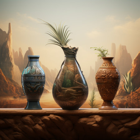 a group of vases on a ledge.の素材