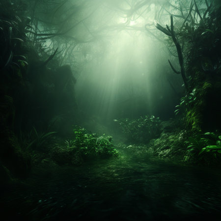 a foggy forest with trees and plants.の素材