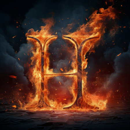 a letter in flames with smoke and clouds.の素材
