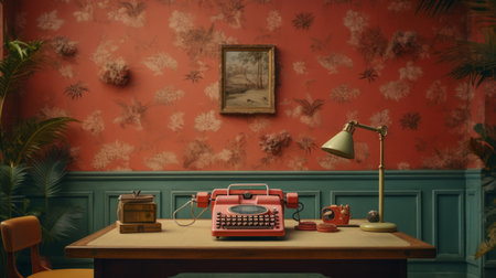 a desk with a typewriter and a lamp.の素材