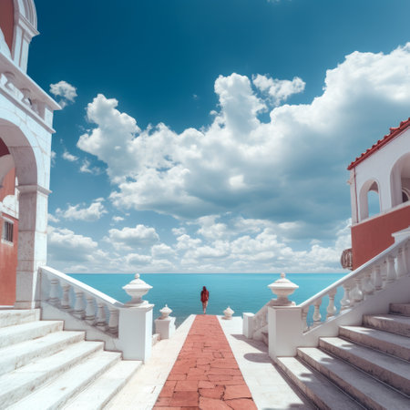 a person walking on a path to the ocean.の素材