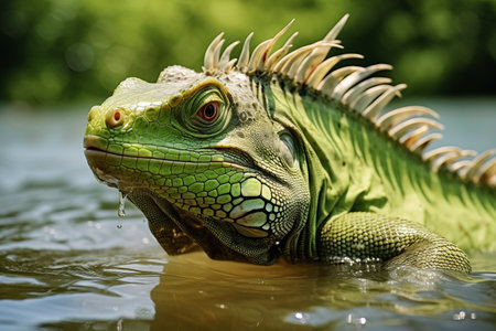 a green iguana in water.の素材