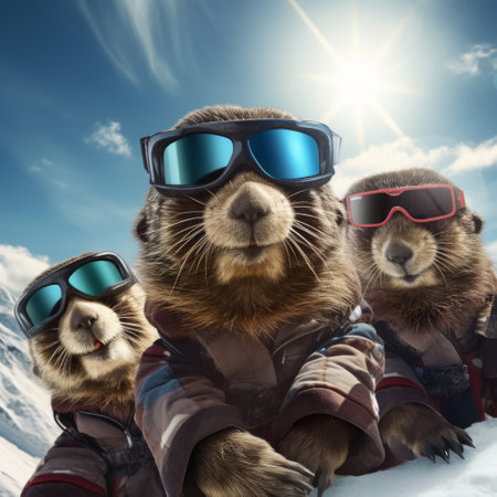 a group of animals wearing ski goggles.の素材